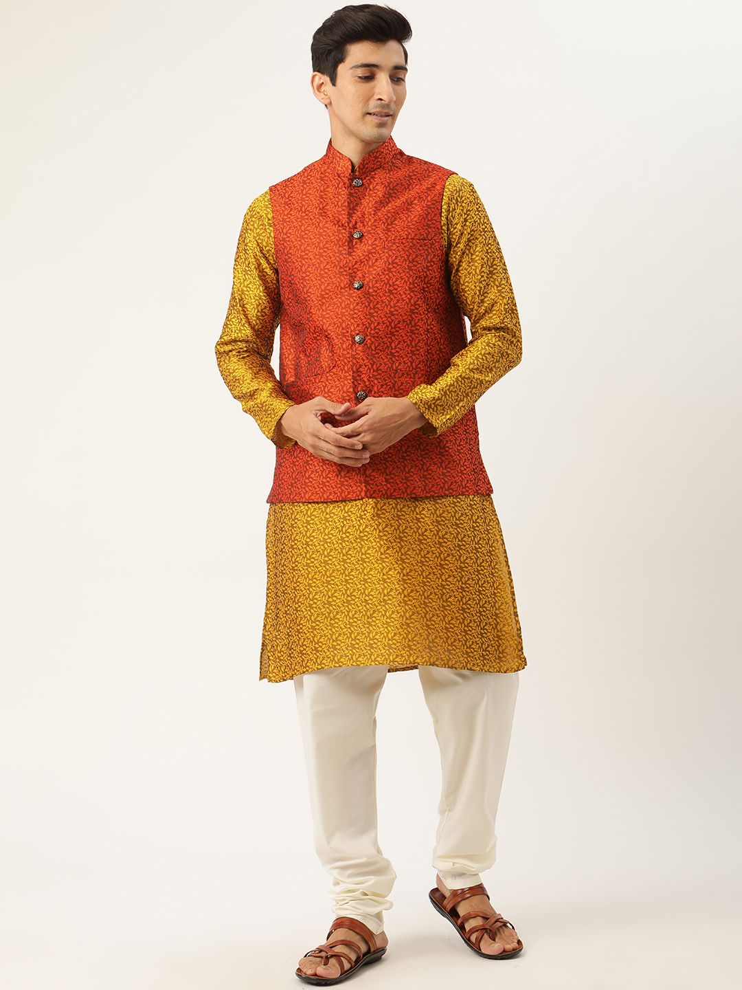 SOJANYA Men Mustard Yellow & Orange Ethnic Motifs Kurta with Churidar & Nehru Jacket