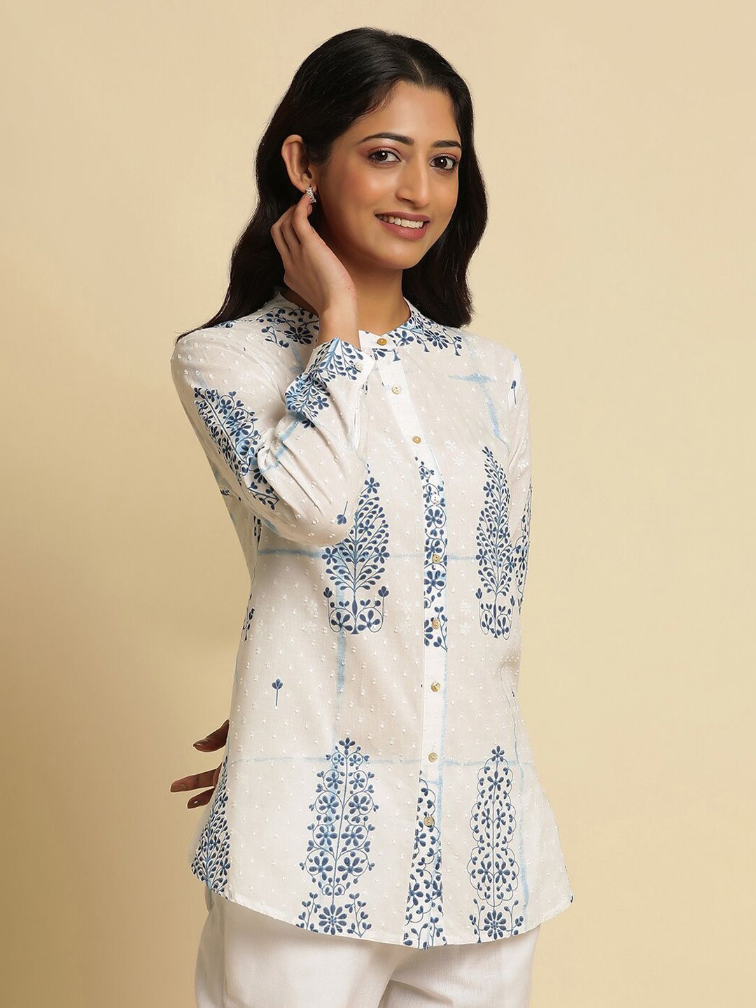 W Ethnic Motifs Printed Pure Cotton Shirt Style Top