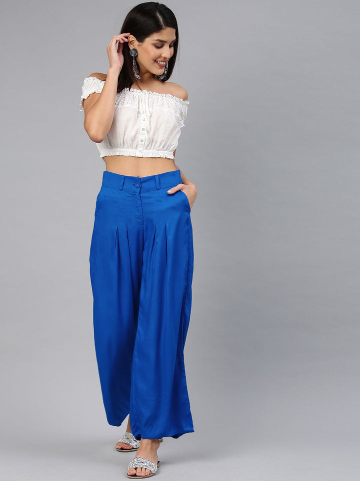 W Women Blue Solid Wide Leg Palazzos