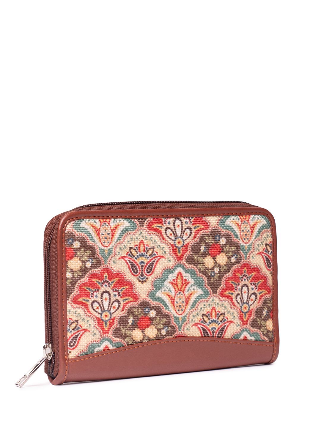 ZOUK Women Brown & Teal Printed Zip Around Wallet