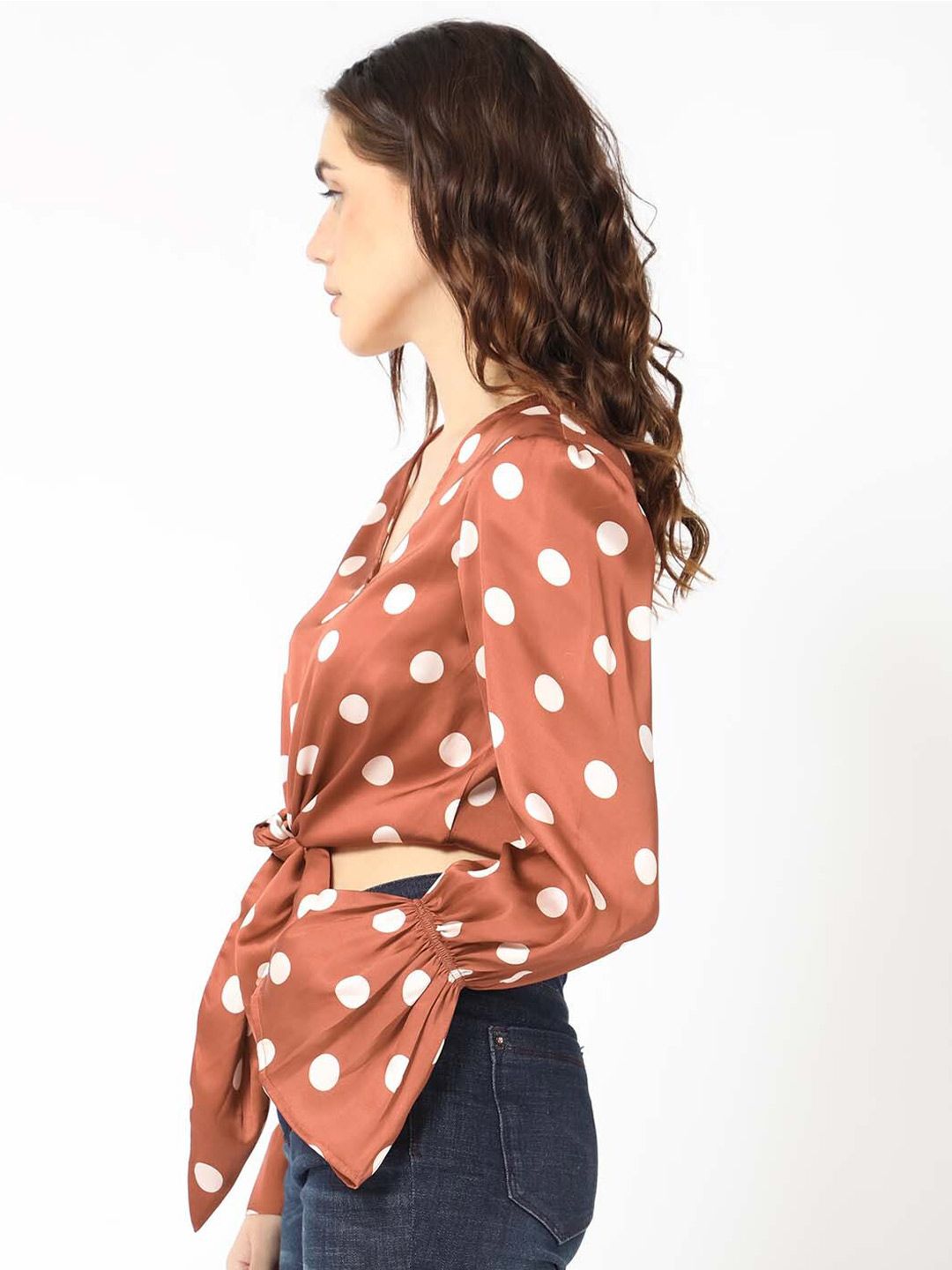 RAREISM Polka Dot Print Puff Sleeve Styled Back Crop Top