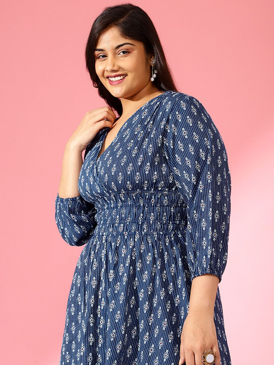 Bani Women Ethnic Motifs Printed Smocked Waist Puff Sleeve Fit & Flare Midi Dress