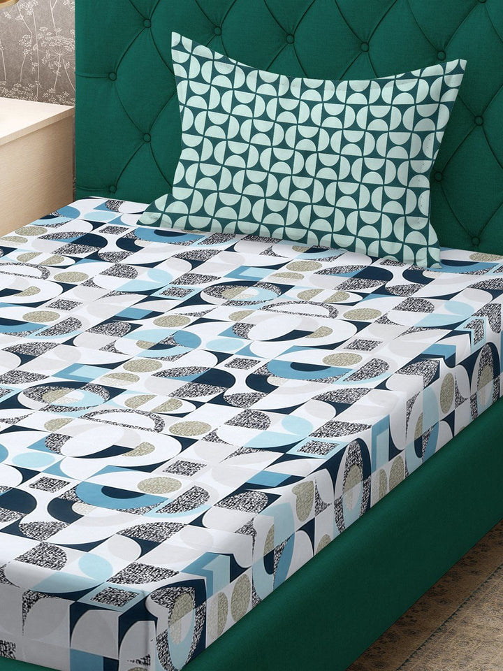 Myntra Elegant Homes White & Blue Geometric 300 TC Single Bedsheet with 1 Pillow Covers