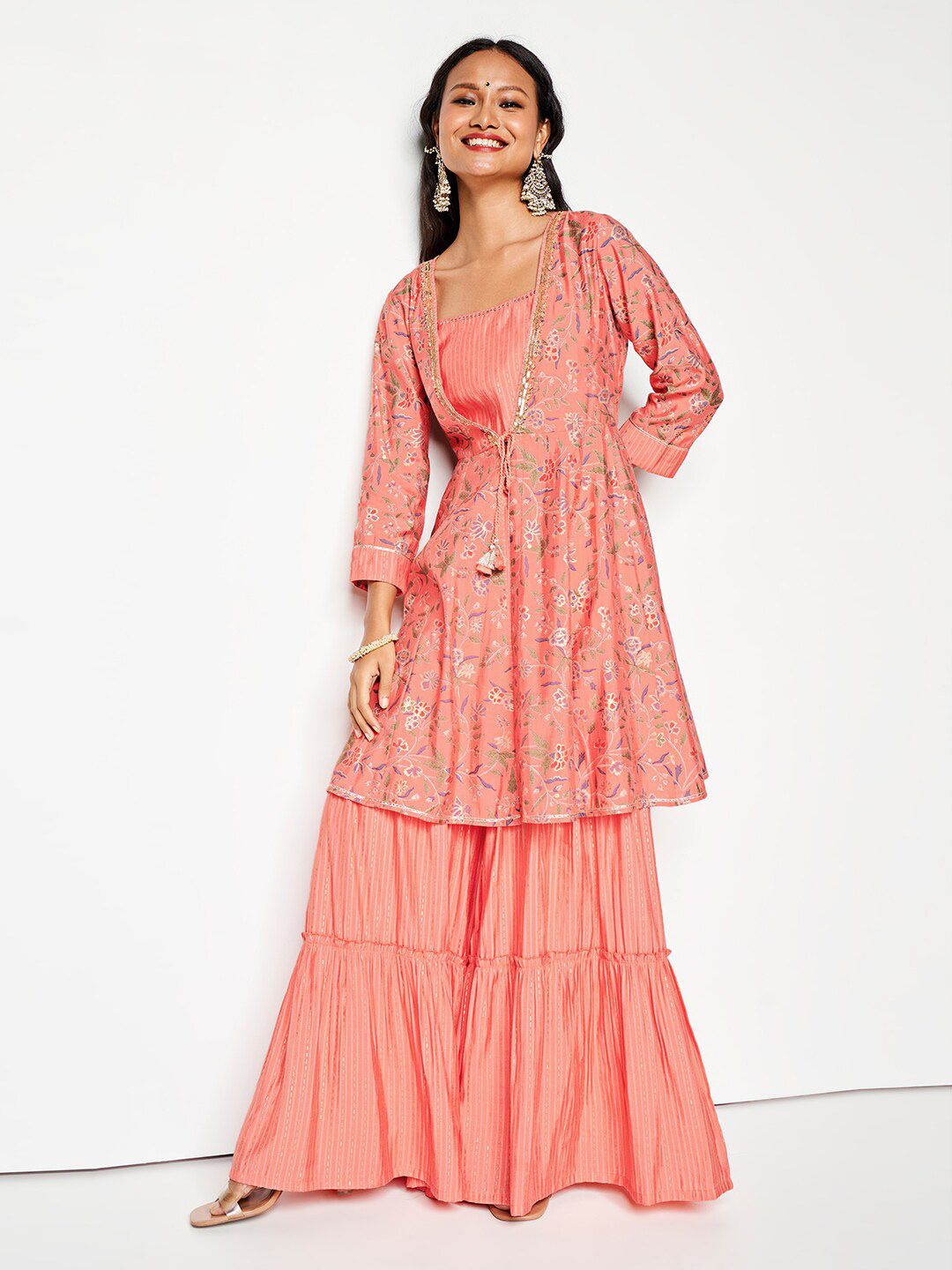 Global Desi Self-Design Top Shrug & Palazzos Co-Ords