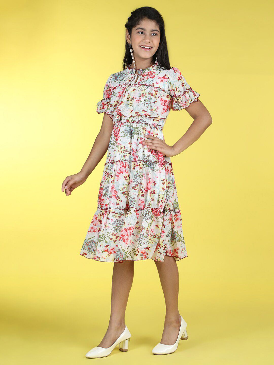 Cutiekins Girls Floral Print Ti Up Neck Georgette Fit & Flare Dress