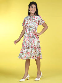 Cutiekins Girls Floral Print Ti Up Neck Georgette Fit & Flare Dress