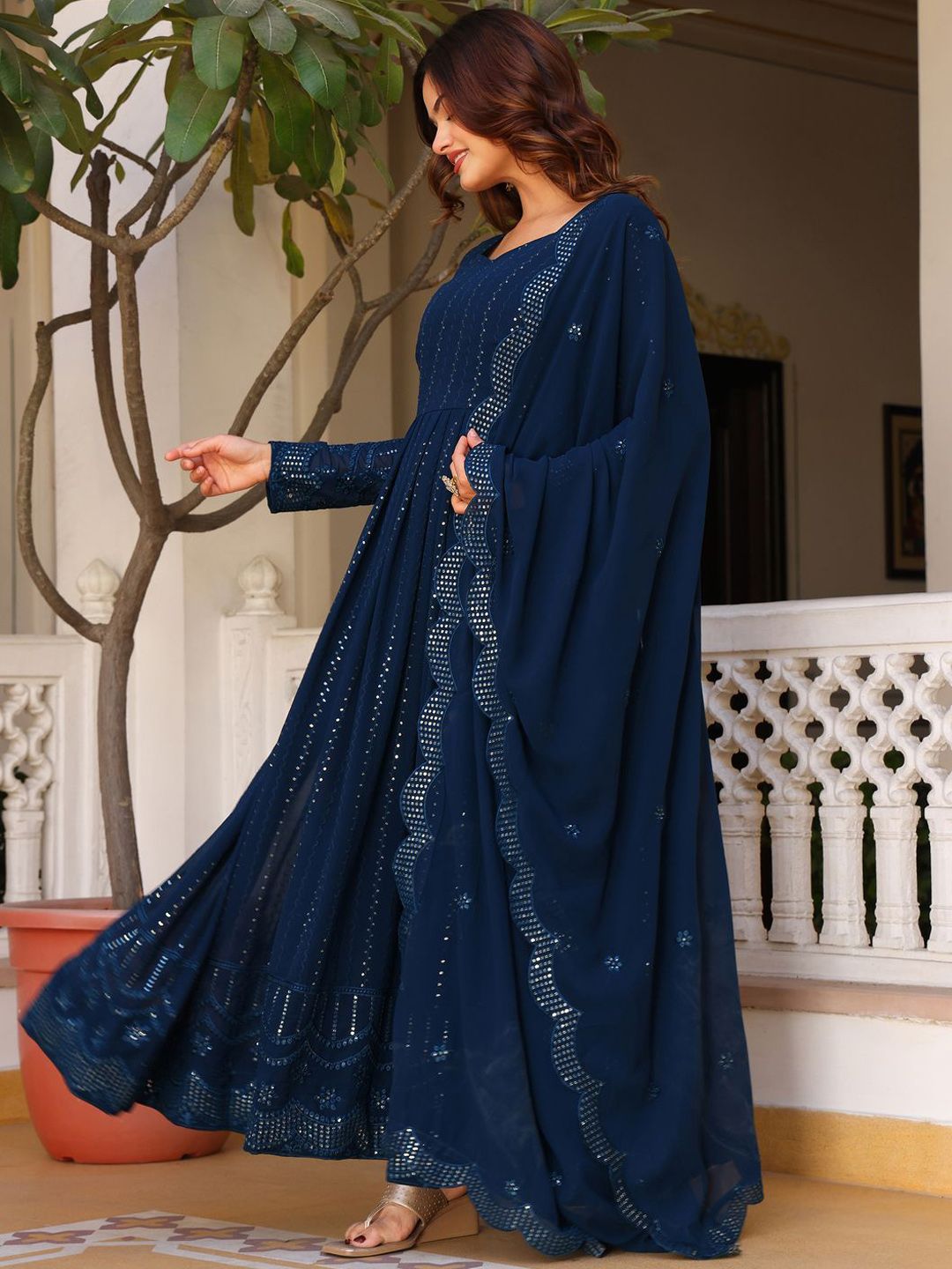 KALINI Geometric Embroidered Sweetheart Neck Anarkali Kurta With Pyjamas & Dupatta