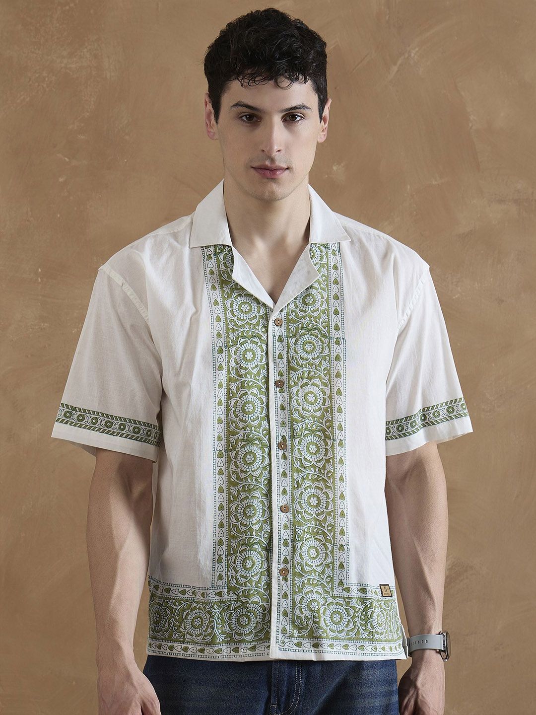 DENNISON Men White and Olive Placement Printed Shirt