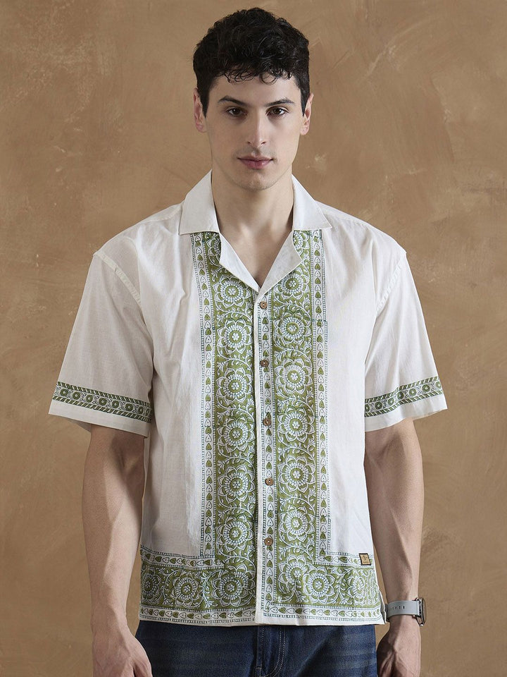 DENNISON Men White and Olive Placement Printed Shirt