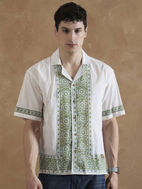 DENNISON Men White and Olive Placement Printed Shirt