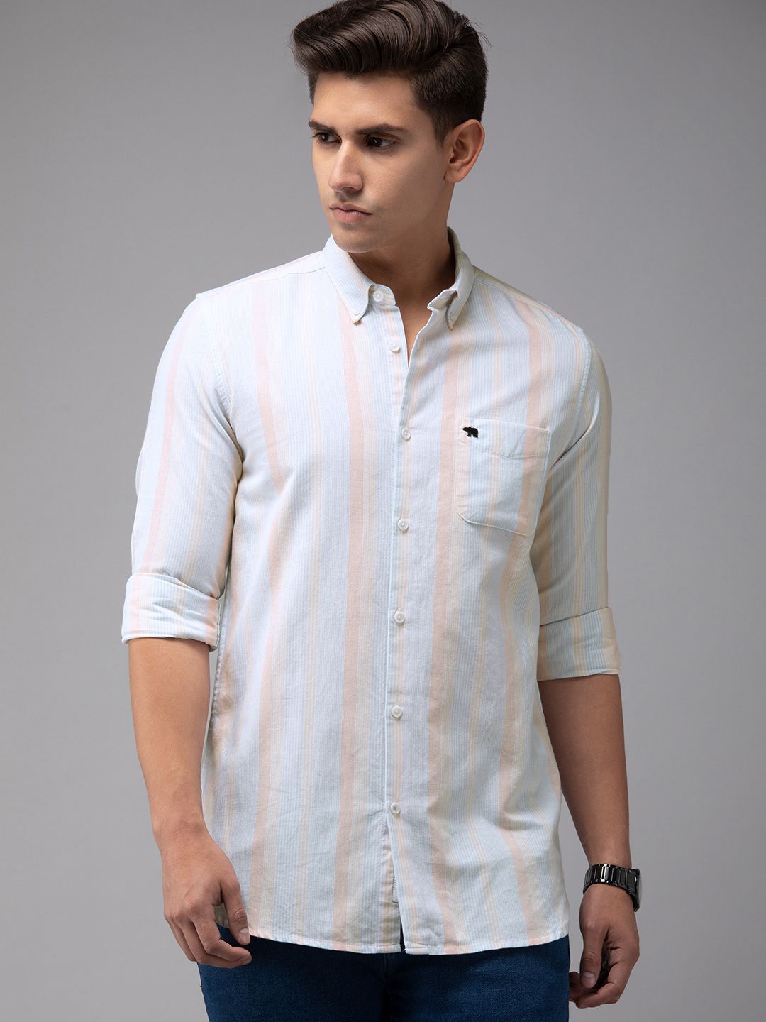 THE BEAR HOUSE Men Blue Slim Fit Pinstripes Striped Casual Shirt