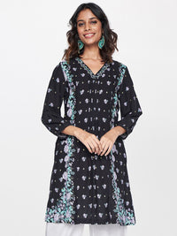 Global Desi Floral Printed V-Neck Puff Sleeves A-Line Kurta