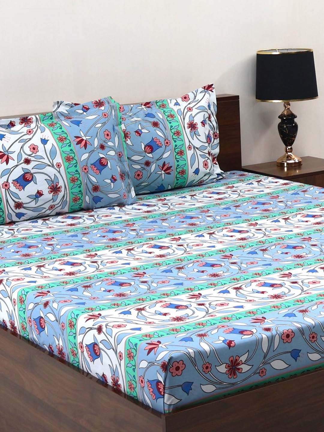 BOMBAY DYEING Cardinal Blue Floral Printed Cotton 120 TC Queen Bedsheet Set 2.54 x 2.24m