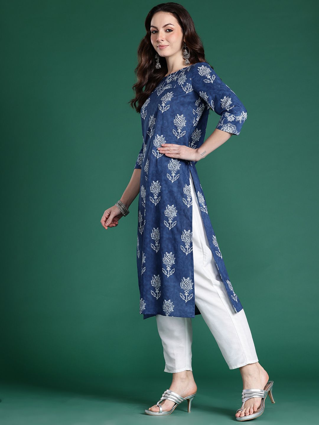 Indo Era Floral Printed Indigo Kurta