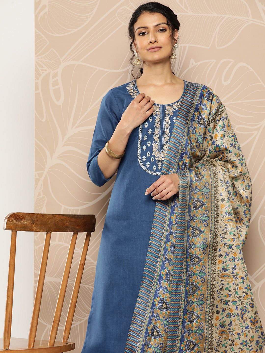 Varanga Blue Yoke Embroidered Kurta with Trouser and Dupatta