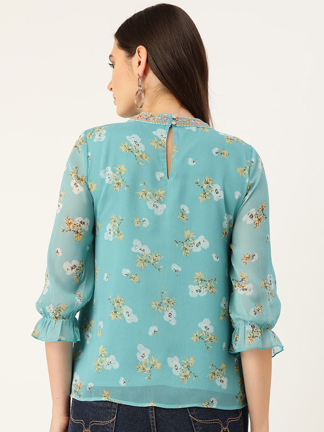Antheaa Women Blue & Yellow Floral Print A-Line Top