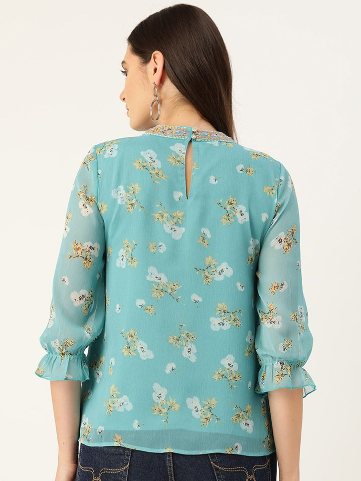 Antheaa Women Blue & Yellow Floral Print A-Line Top
