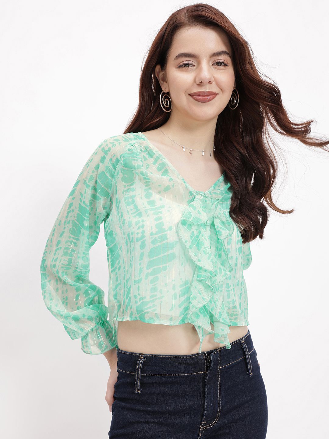 DressBerry Shibori Dyed Ruffle Romance Sheer Top