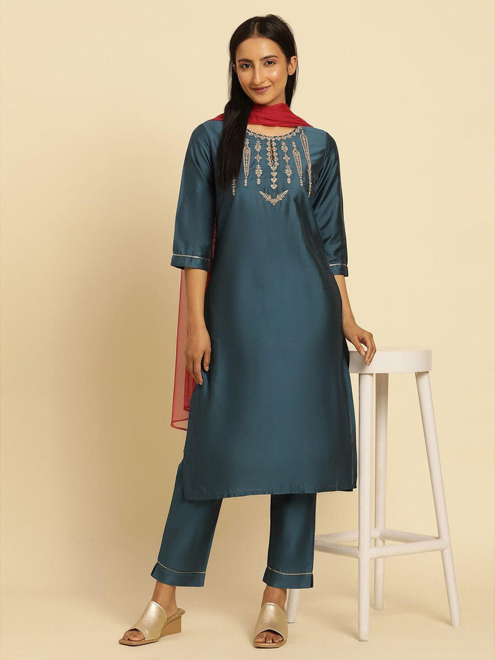 W Embroidered Straight Kurta with Trouser & Dupatta