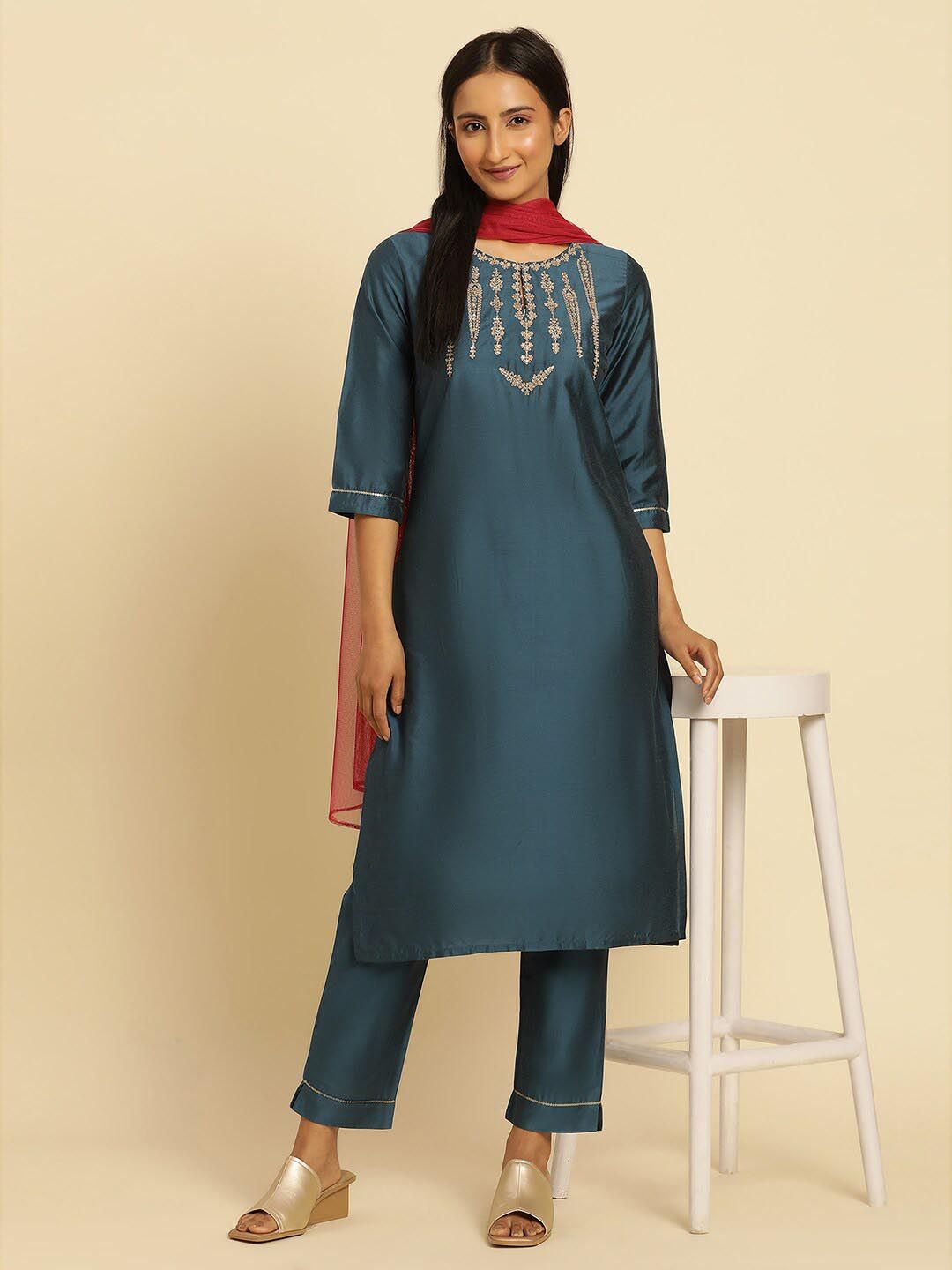 W Embroidered Straight Kurta with Trouser & Dupatta