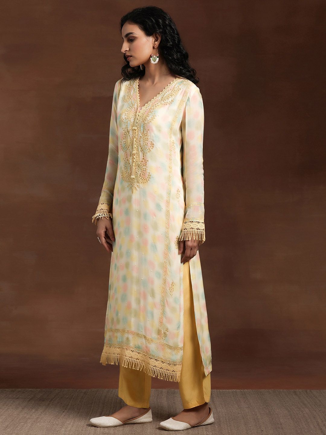 Libas Yellow Floral Printed V-Nek Beads and Stones Straight Kurta with Palazzos & Dupatta