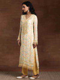 Libas Yellow Floral Printed V-Nek Beads and Stones Straight Kurta with Palazzos & Dupatta