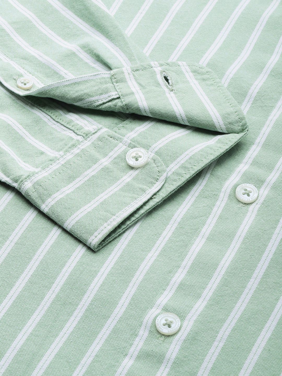 THE BEAR HOUSE Men Green Pure Cotton Slim Fit Striped Casual Shirt