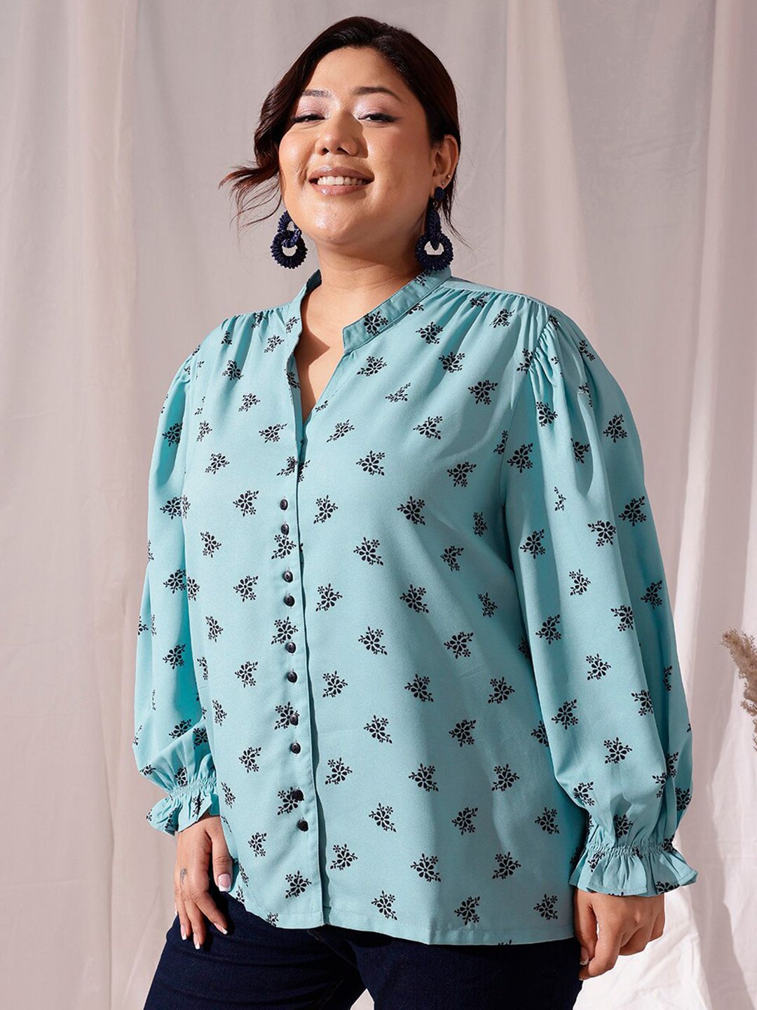 CURVY STREET Plus Size Comfort Floral Printed Mandarin Collar Casual Shirt