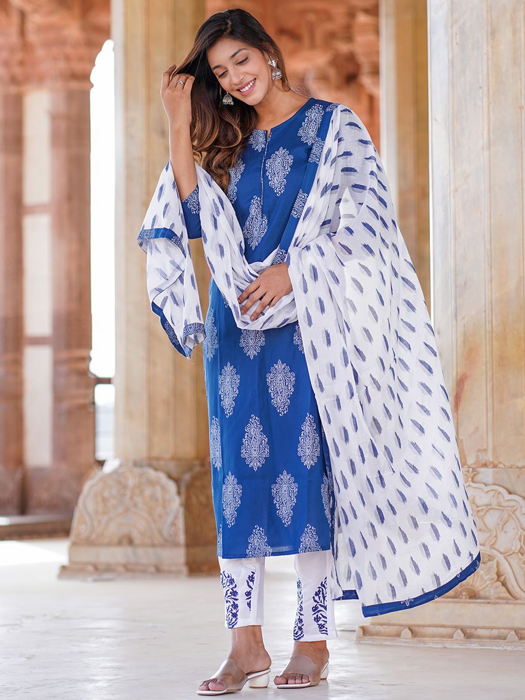 KALINI Paisley Printed Straight Kurta With Trousers & Dupatta