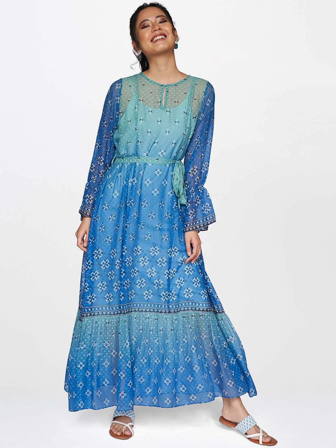 Global Desi Blue & Green Ethnic Motifs A-Line Maxi Dress With Waist- Tie Up