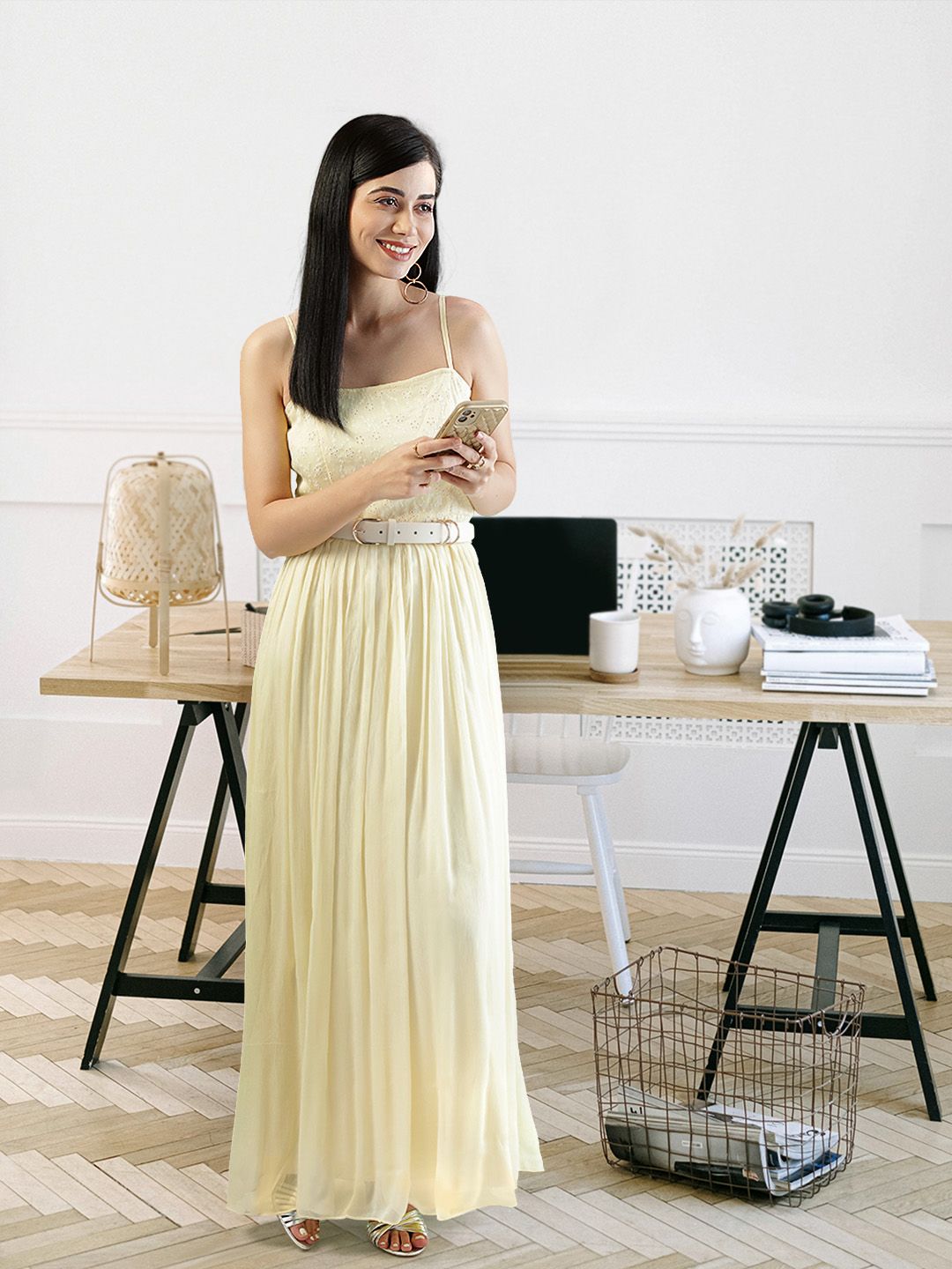 AND Women Lime Yellow Floral Schiffli A-Line Maxi Dress