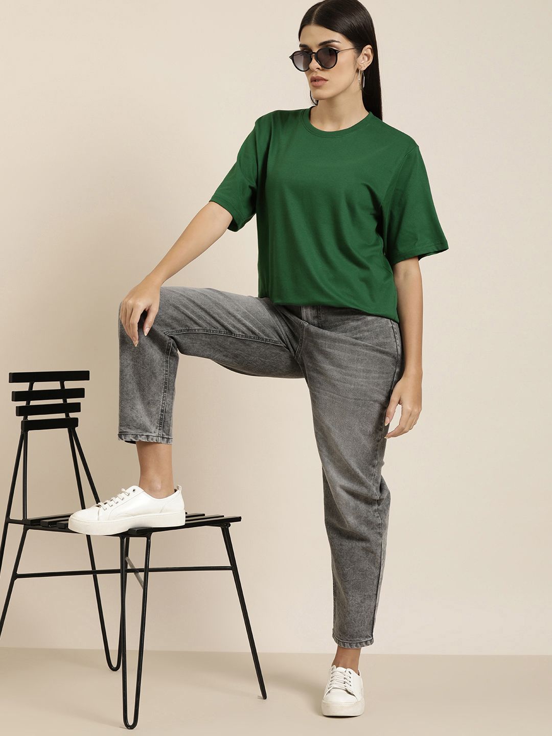 DILLINGER Women Green Solid Pure Cotton Oversized T-shirt