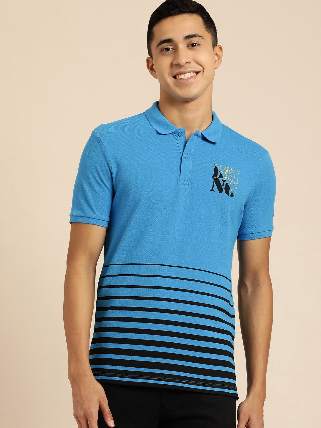 Being Human Men Blue & Black Brand Logo Printed Pure Cotton Polo Collar T-shirt