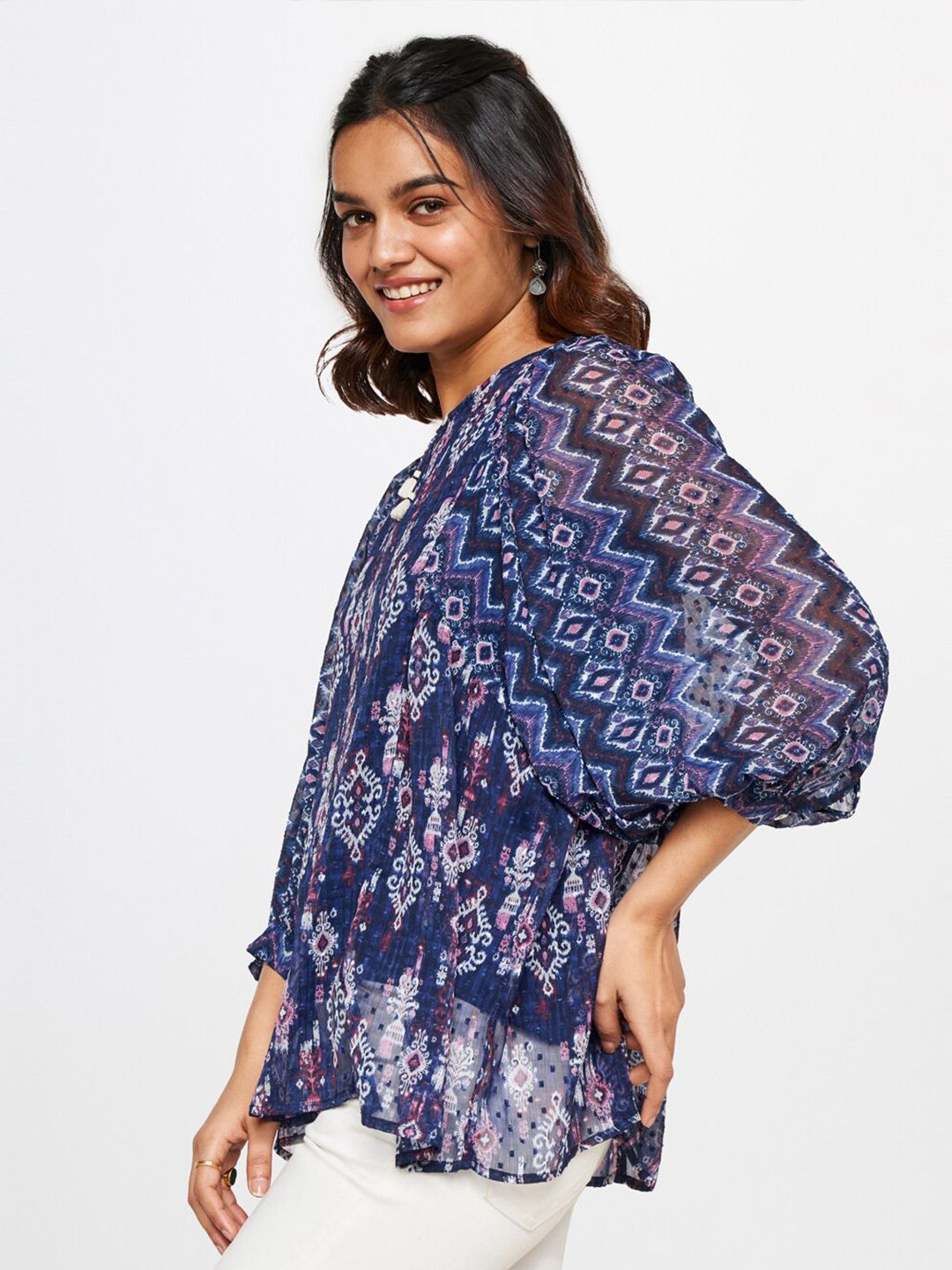 Global Desi Printed Keyhole Neck Top