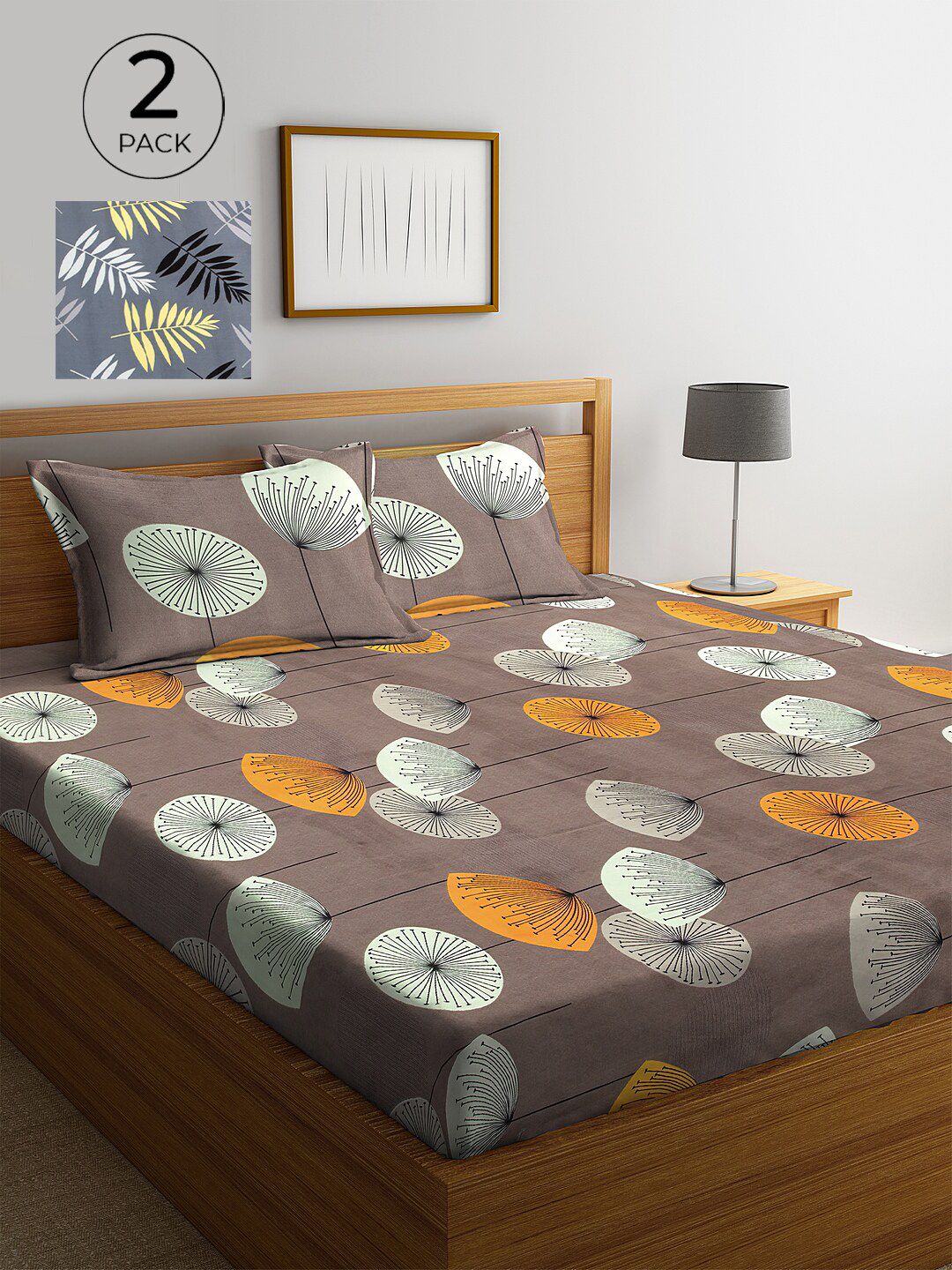 KLOTTHE Grey Abstract Polycotton 300 TC King Fine 2 Bedsheet with 4 Pillow Covers-98 x 83 inches