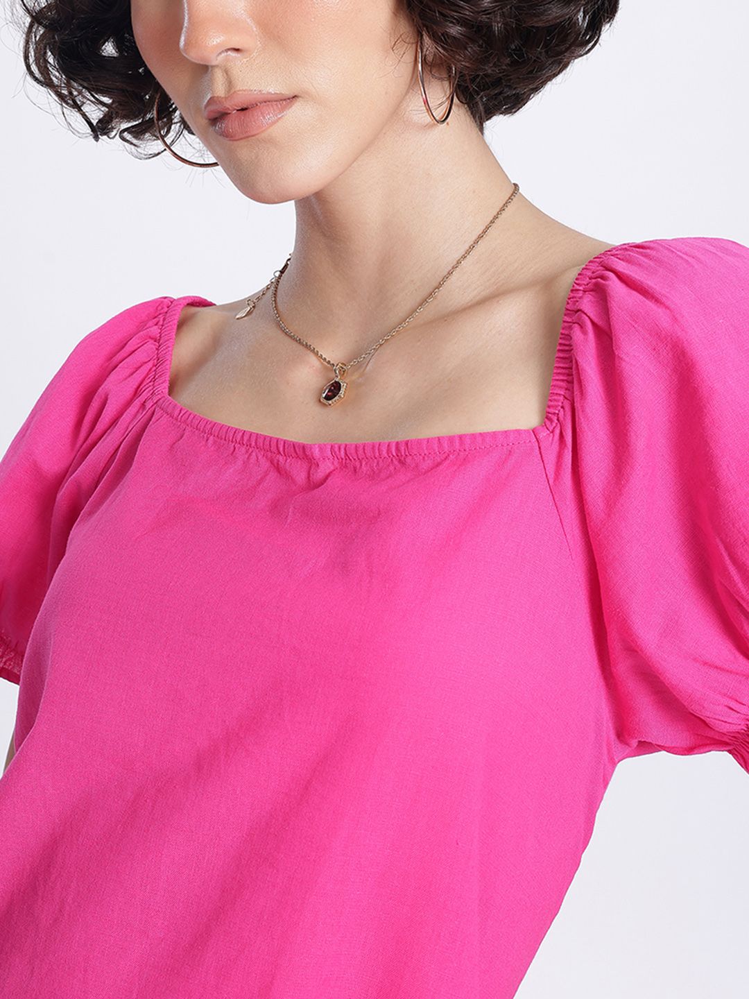 DressBerry Barbiecore Puff Sleeve Tie-Up Back A-Line Mini Dress