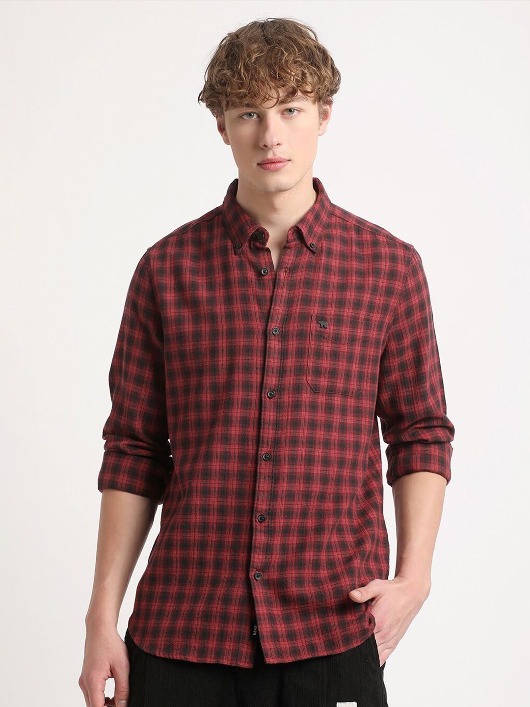 THE BEAR HOUSE Slim Fit Tartan Checks Spread Collar Pocket Cotton Casual Shirt