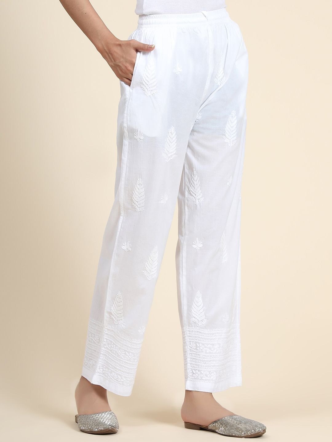 HOUSE OF KARI Women Ethnic Motifs Embroidered Chikankari Cotton Regular Trousers