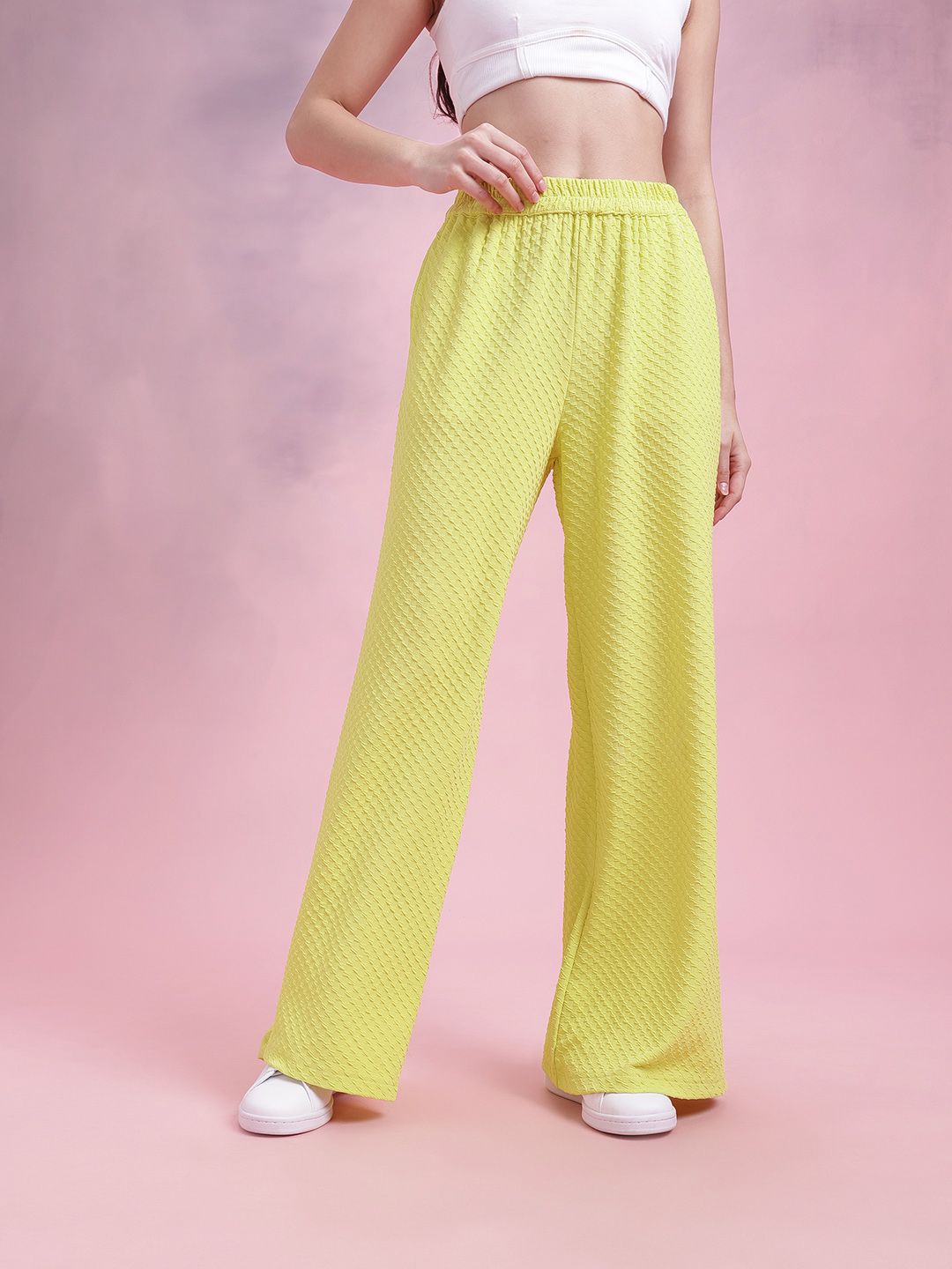 DressBerry Women Geometric Textured Mid-Rise Wide Leg Flared Trousers