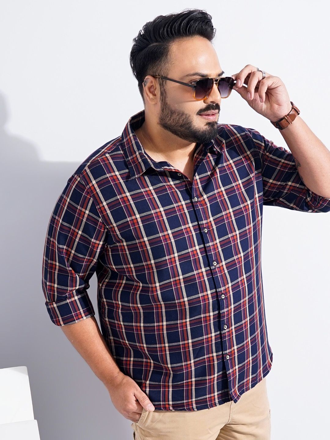 The Indian Garage Co Plus Size Windowpane Checked Cotton Casual Shirt