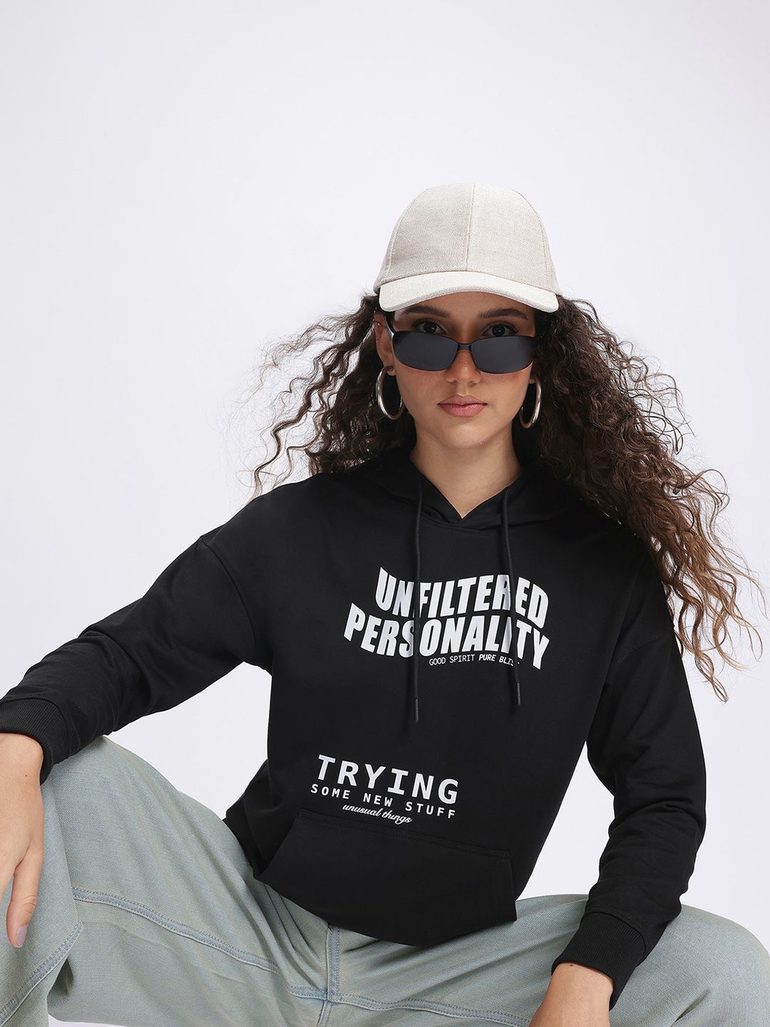 DressBerry Monochrome Typography Print Hooded Drop-Shoulder Sweatshirt