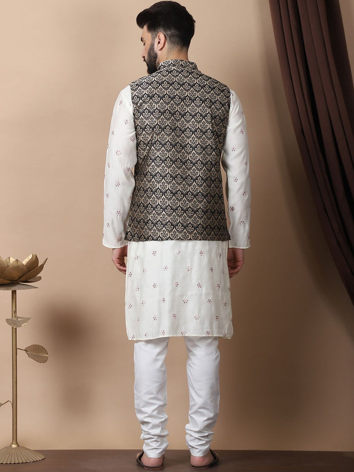 Anouk Cream-Coloured Floral Embroidered Cotton Silk Kurta with Churidar & Nehru Jacket