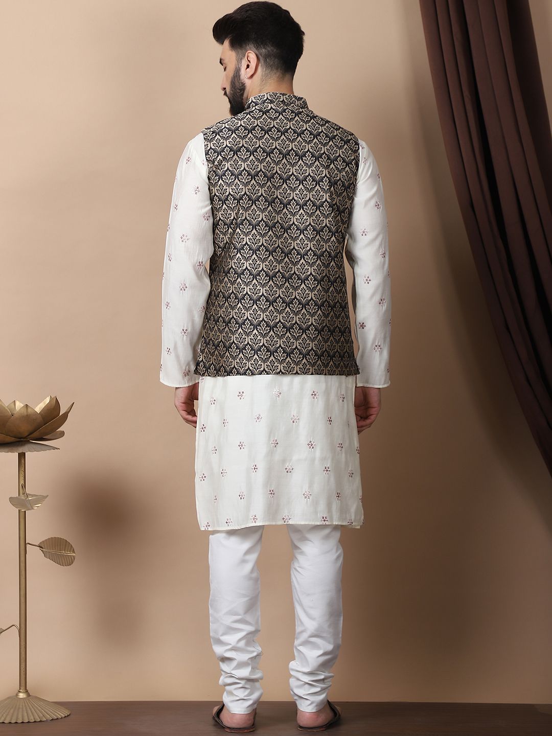Anouk Cream-Coloured Floral Embroidered Cotton Silk Kurta with Churidar & Nehru Jacket