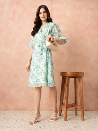 all about you Floral Print Puff Sleeves Wrap-Style A-Line Dress
