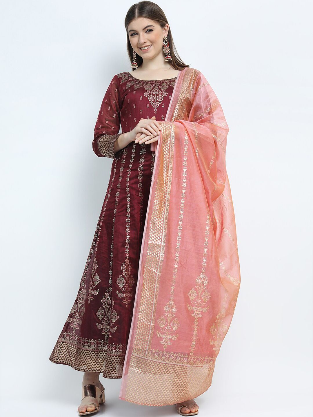Vishudh Maroon Ethnic Motifs Ethnic Maxi Dress with Dupatta