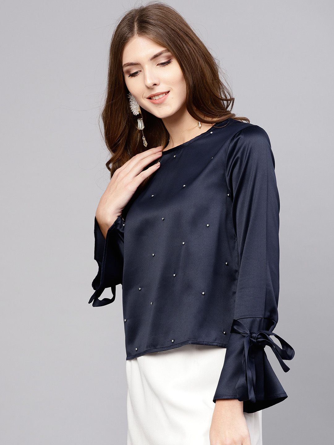 STREET 9 Women Navy Blue Satin Embellished Top