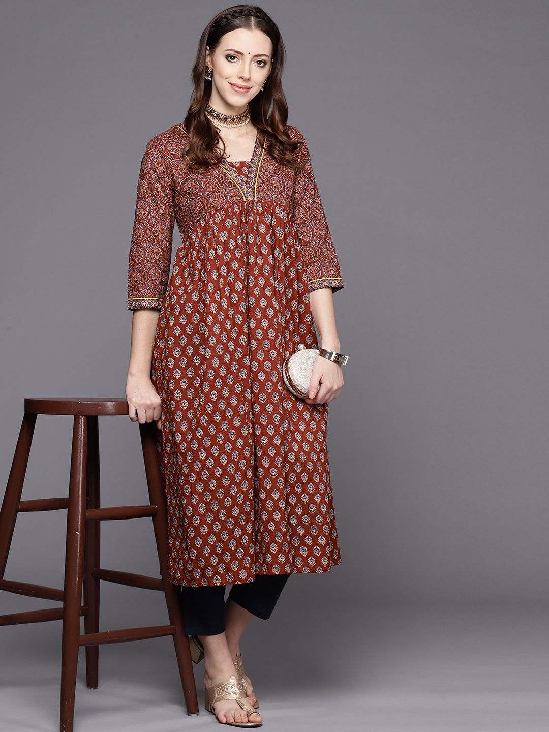 Varanga Women Maroon Alia cut Ethnic Jaipuri Printed A line Pure Cotton Kurta