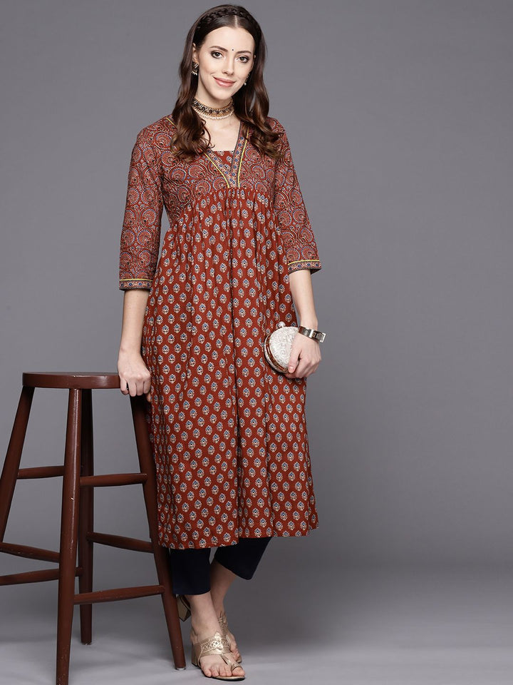 Varanga Women Maroon Alia cut Ethnic Jaipuri Printed A line Pure Cotton Kurta