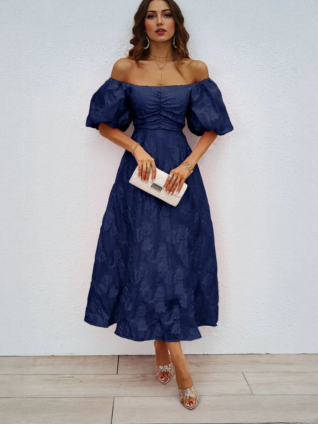 all about you  Women Solid Self Design Off-Shoulder Fit & Flare Midi Dress