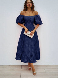 all about you  Women Solid Self Design Off-Shoulder Fit & Flare Midi Dress